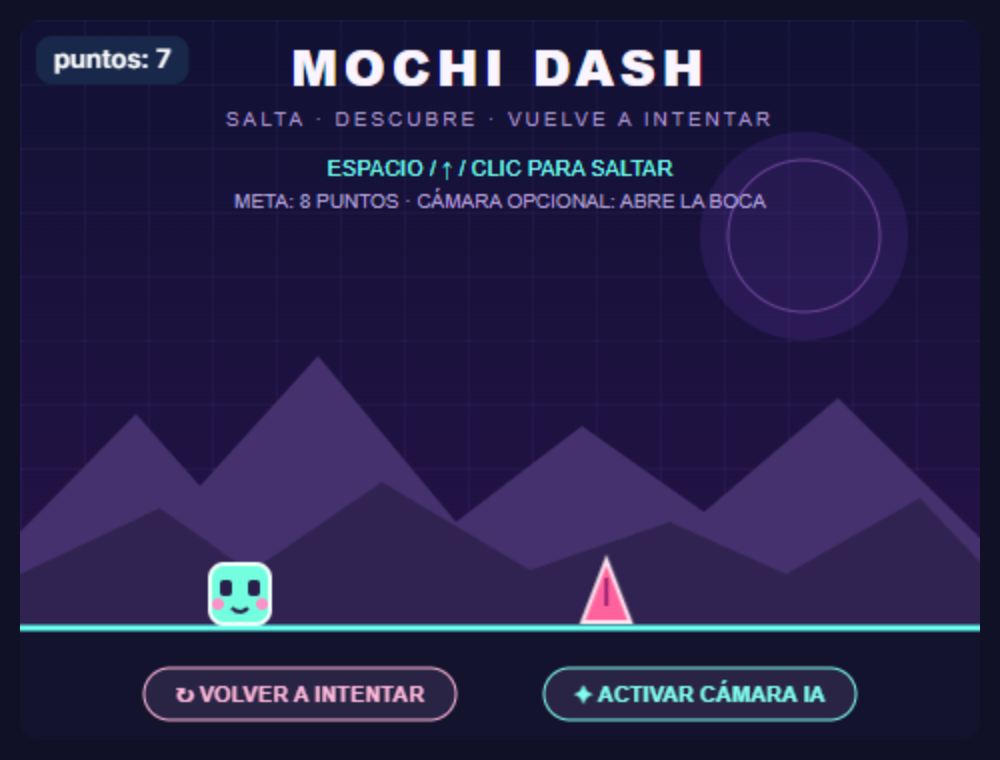 Ejemplo Mochi Dash: personaje, obstáculo, puntos y botones de reinicio y cámara en el editor de ATIQ